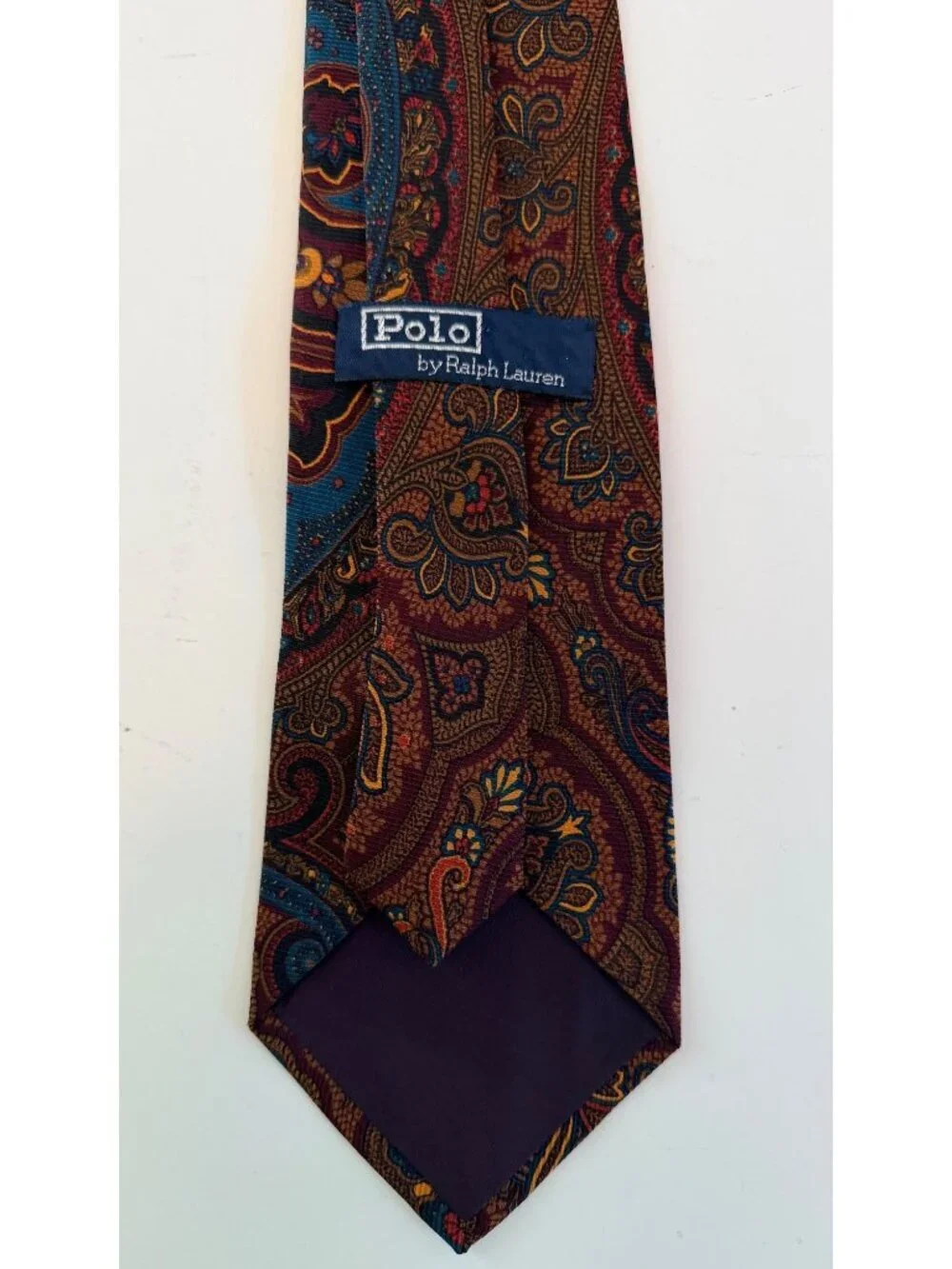 Polo By Ralph Lauren Vintage Silk Tie Paisley Print Burgundy & Blue Made In USA